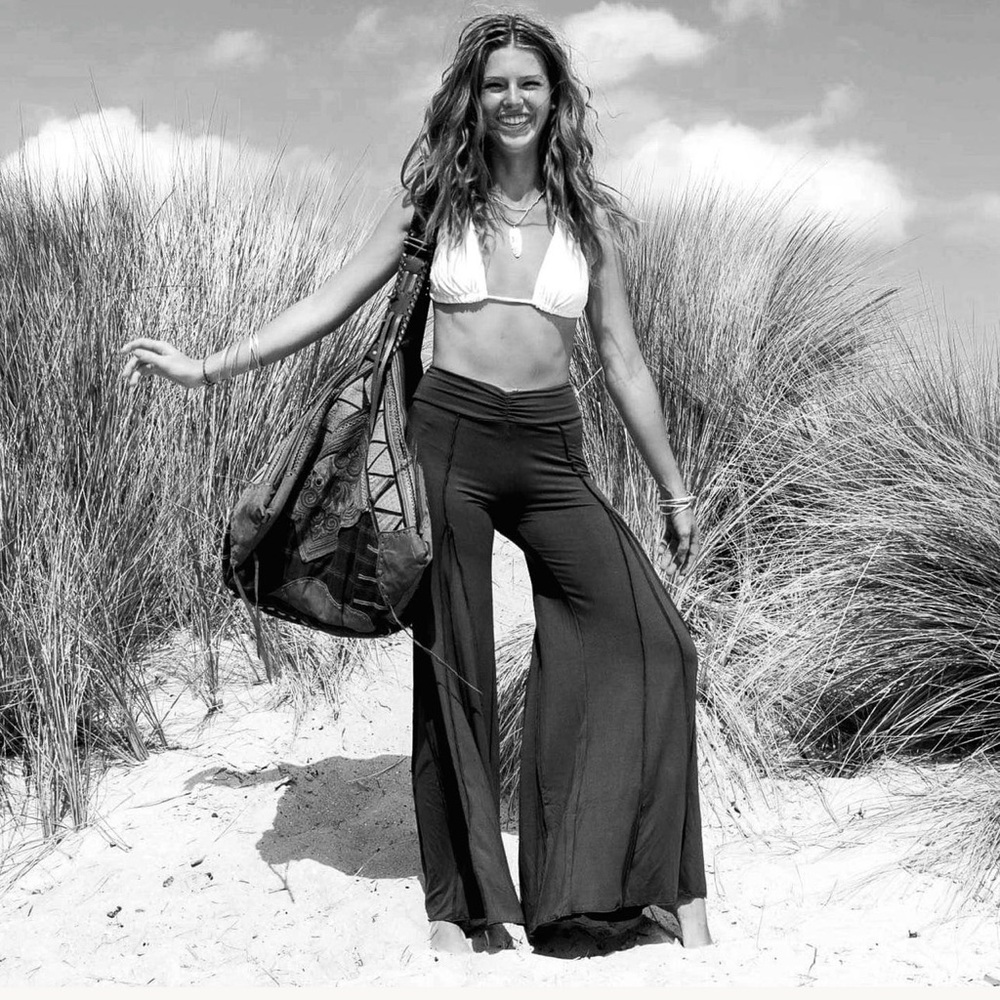 BROWN FLOWER-CHILD WIDE LEG FLARED PANTS FESTIVAL BELL BOTTOMS - Picture 9 of 10